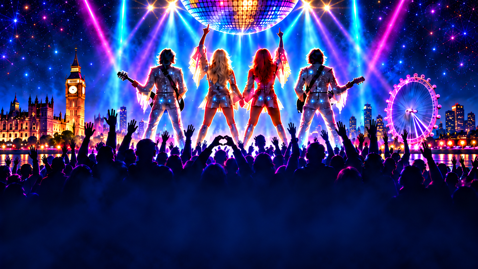 Four disco performers on a brightly lit London concert stage